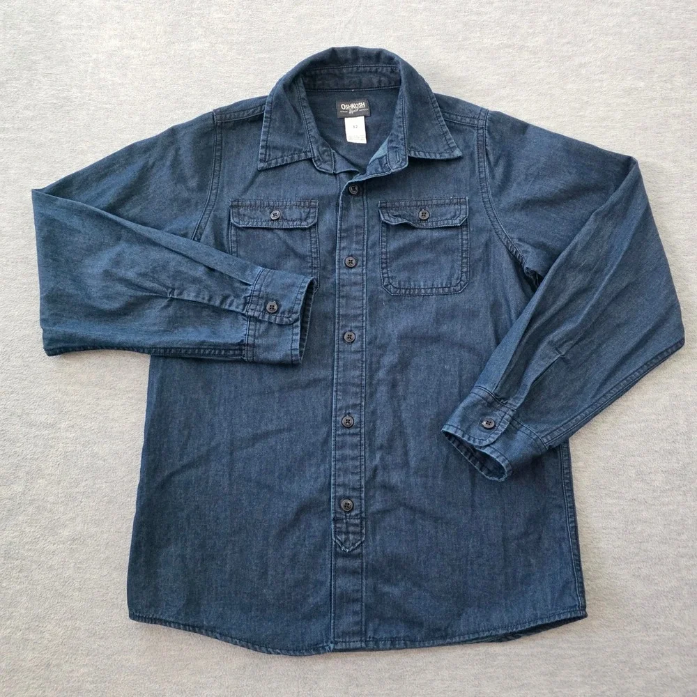 OshKosh Bgosh Boys Dark Wash Denim Button Down Shirt Long Sleeve Size 12 Indigo